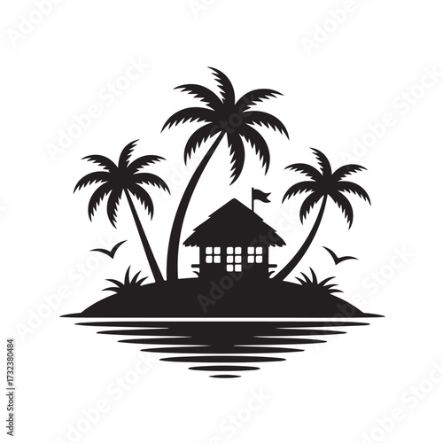 Silhouette of a tropical island with palm trees, a hut, and birds, reflected in water technology background