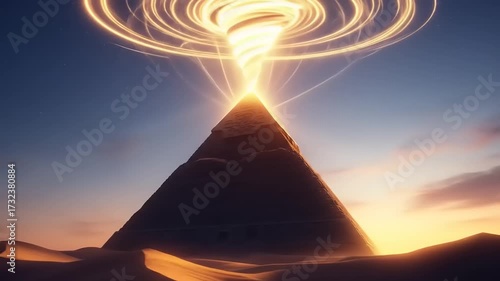 Ancient Pyramid Emitting Golden Light Beam into Sky at Sunset.