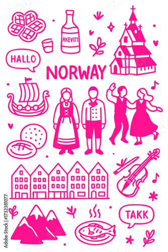 Norway Culture Illustration Set – Traditional People, Music, Dance, Food, and Symbols	