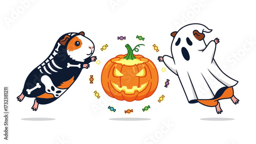 Halloween Hamsters: A festive Halloween illustration featuring two charming hamsters, one dressed in a spooky skeleton costume, the other as a whimsical ghost.