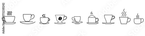 Coffee icon vector set. Hot drink illustration sign collection. Coffee house symbol. Coffee machine logo. Cappuccino or latte web icon.