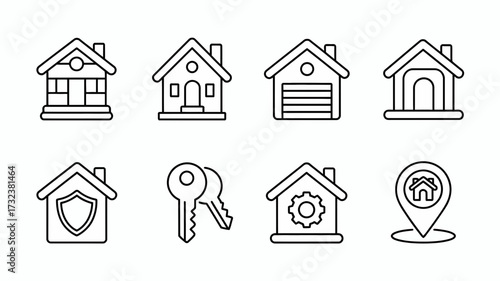 Set of editable black line icons representing real estate and home services scalable vector graphics silhouette white background