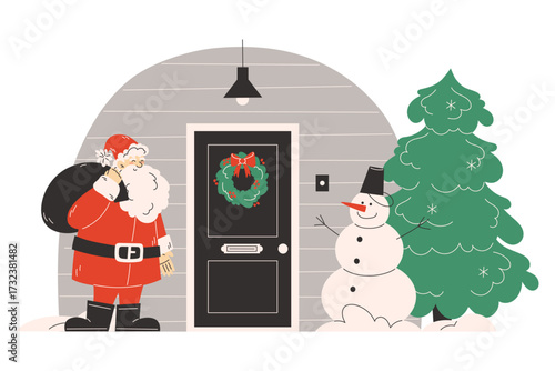 Santa Claus arriving with gift sack at decorated house with snowman for Christmas celebration
