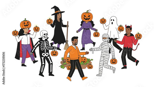 Happy Halloween Friends: A diverse group of people dressed in fun Halloween costumes, including a witch, skeleton, mummy, ghost, and devil, gather together with pumpkins.