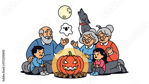 Halloween Storytime: A heartwarming illustration portrays a multi-generational family gathered around a glowing jack-o'-lantern, immersed in a spooky and whimsical Halloween tale.