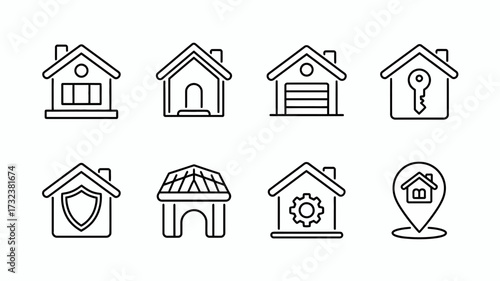 Editable black line house icons set scalable vector graphics for web and design projects silhouette white background