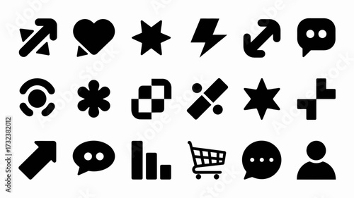 Set of scalable vector graphic icons featuring abstract shapes and symbols for user interface design silhouette white background