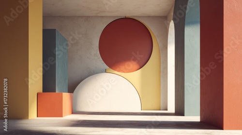 Wallpaper Mural Colorful Geometric Interior with Arches, Circle Reliefs, and Sunlit Shadows. AI generative Torontodigital.ca