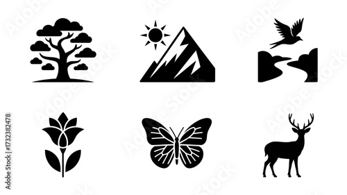 Set of six nature silhouette icons for vector graphics design scalable illustration silhouette white background