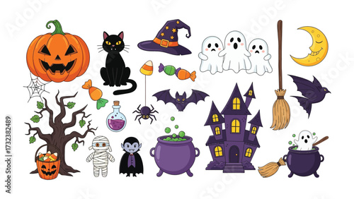 Spooky Halloween Assortment: A delightful assortment of Halloween-themed illustrations, showcasing iconic symbols of the holiday, capturing the whimsical and playful spirit of the season.