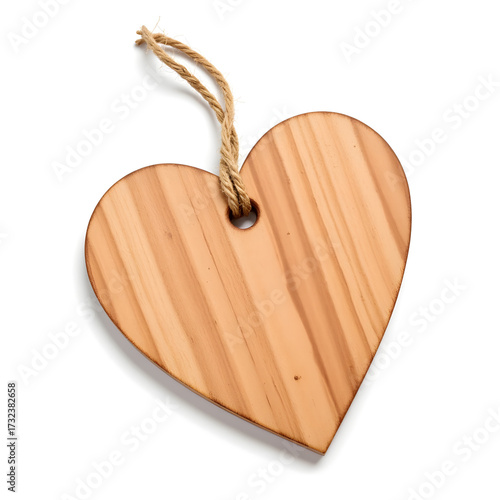 Wooden heart ornament hanging on jute string, symbol of love