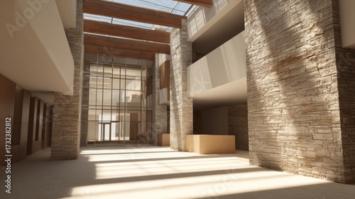 Wallpaper Mural Modern Atrium Lobby Interior with Stone Walls, Skylight Beams and Long Sunlight Shadows. AI generative Torontodigital.ca