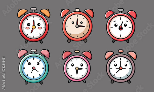 Cute Cartoon Alarm Clocks with Funny Faces and Expressions for Kids.