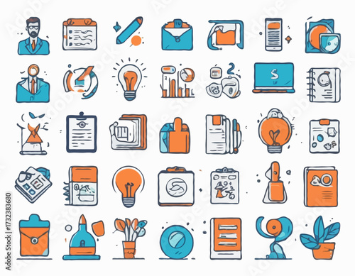 Hand-Drawn Icons of Business Concepts, Creative Doodles, Vector Illustrations for Commercial Use