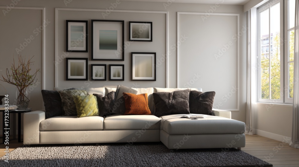 Fototapeta premium Living room interior featuring a white sectional sofa with pillows and wall art near a large window