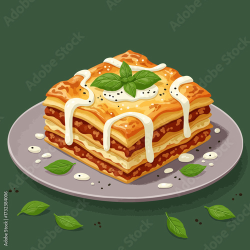 A vibrant, layered lasagna slice sits elegantly on a plate, adorned with fresh basil leaves and creamy sauce, concept for menu illustration, restaurant promotion and culinary blog design