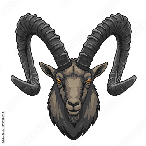 Detailed illustration of a ram's head with imposing curved horns and focused gaze, concept for mascot design, wildlife conservation advocacy, and astrological sign imagery