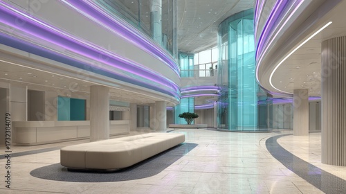 Wallpaper Mural Futuristic Corporate Lobby Interior with Glass Columns and Neon Accents. AI generative Torontodigital.ca