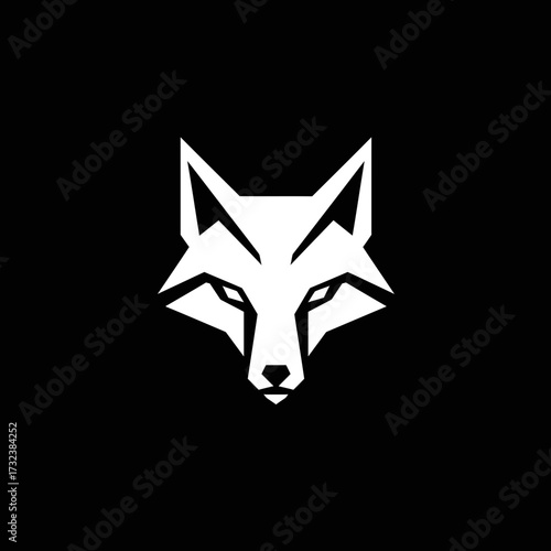 Geometric white fox head illustration on solid black background, concept for security branding, modern sports logo and technology firm identity
