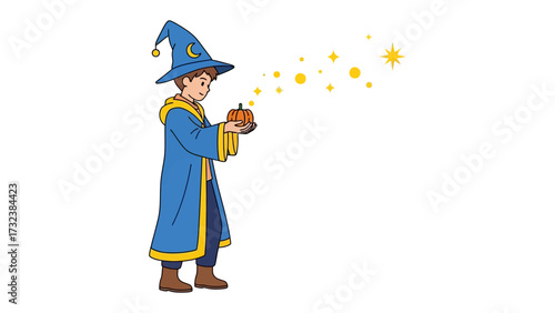 Whimsical Apprentice: A young boy, attired as a wizard, conjures a pumpkin and magical sparkles, demonstrating his imaginative powers.