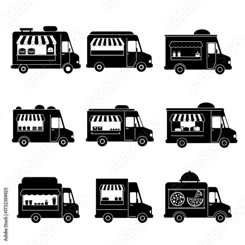 Collection of nine black and white food truck icons in various shapes and sizes, concept for street food vendor designs, mobile catering service illustrations and food industry graphics
