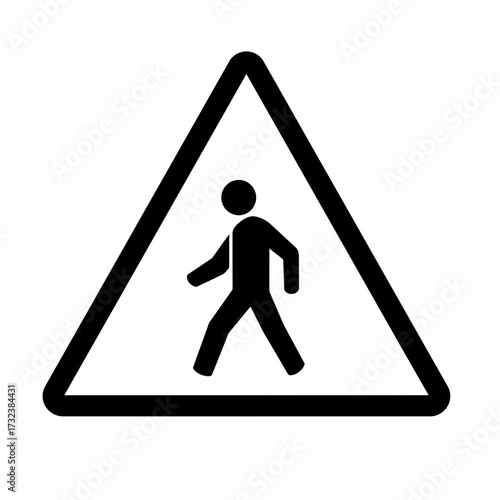 Black pedestrian crossing sign in a triangular frame on white background, concept for road safety awareness, urban planning and traffic regulations