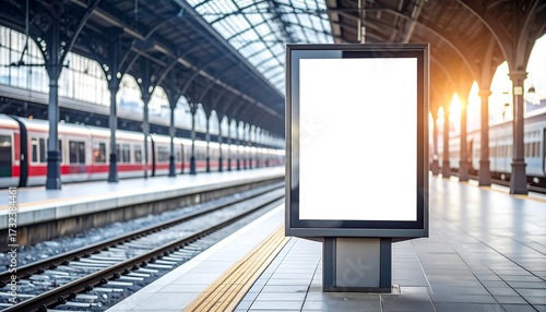 Blank billboard at a train station.  Sunlight streams in