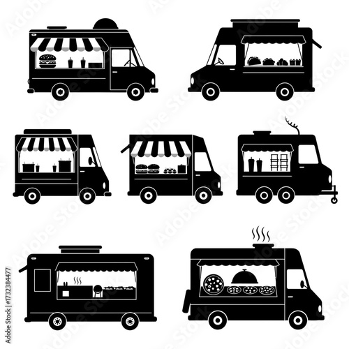Monochrome illustration of various food trucks designs showcasing diverse culinary offerings against a clean background, concept for restaurant branding, event promotion, and street food festival