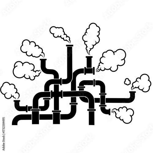 Industrial pipes releasing smoke in a black and white graphic illustration style image. Concept for air pollution awareness, environmental impact reduction and energy efficiency advocacy