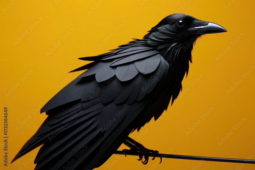 Fototapeta premium Raven Perched: Black bird against a vivid background.