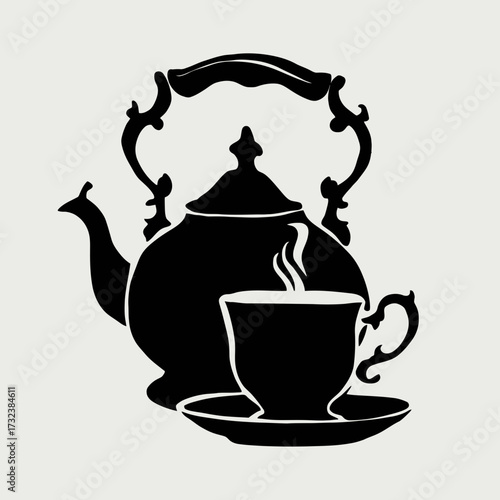 Elegant black and white kettle and cup vector illustration for classic tea time graphics silhouette white background
