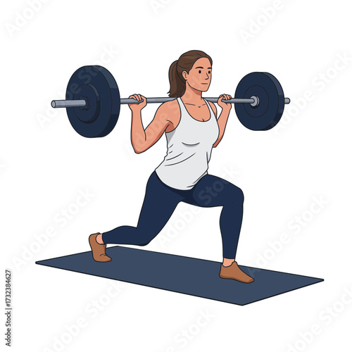Woman performing barbell lunges exercise on a mat in fitness studio, concept for strength training, physical conditioning and healthy lifestyle
