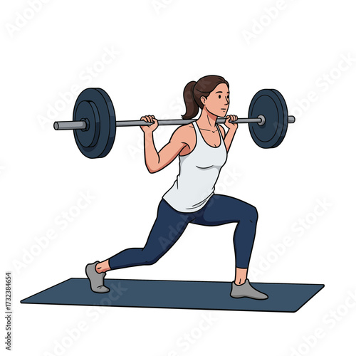 Young woman doing lunges with barbell on a mat in a fitness setting, concept for gym poster, workout promotion and athletic training guide