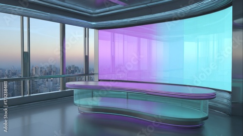 Wallpaper Mural Futuristic Broadcast Studio Interior with Neon Glass Desk and Panoramic City View. AI generative Torontodigital.ca