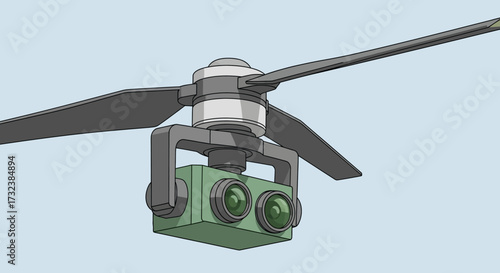 Close up of a drone camera gimbal with propellers.