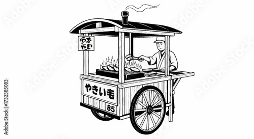Delicious Japanese street food vendor grilling sweet potatoes in vintage style, evoking nostalgia and authentic culinary traditions, black and white sketch art