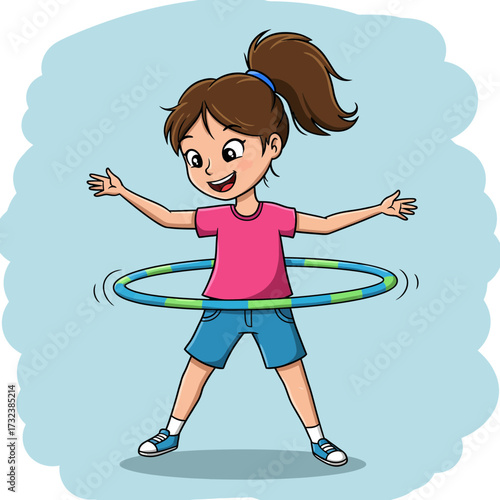 Cheerful girl cartoon twirling blue and green hula hoop, expressing joy and movement. Concept for childhood fitness, active lifestyle, and entertainment illustration