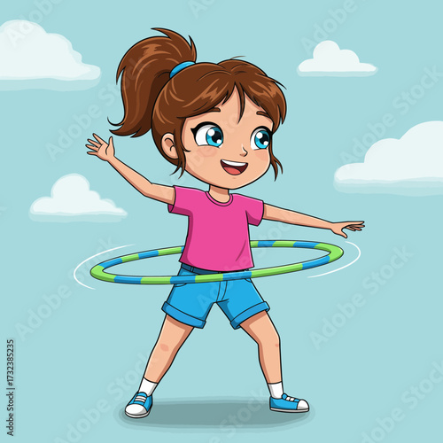 A cheerful girl twirling a hula hoop, set against a soft blue sky with fluffy clouds in cartoon style, concept for fitness illustration, childhood activity and educational content