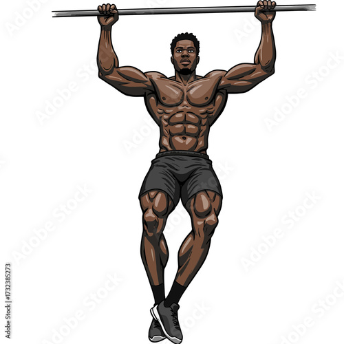 Muscular African American man performing pull-ups on bar, showcasing strength and fitness, concept for fitness promotion, athletic achievement and gym advertising