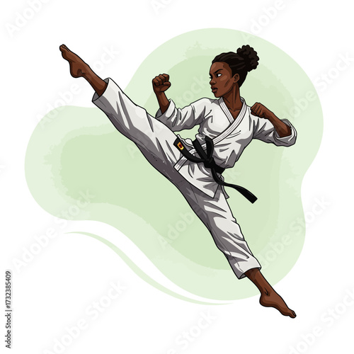 A strong woman performing a dynamic side kick in a traditional karate gi on white background, concept for martial arts training, self-defense instruction, and women empowerment illustration