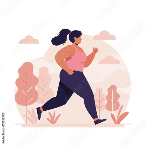 Illustration of an overweight woman jogging in a park with stylized trees and clouds. Concept for healthy lifestyle promotion, body positivity campaign and fitness program advertising