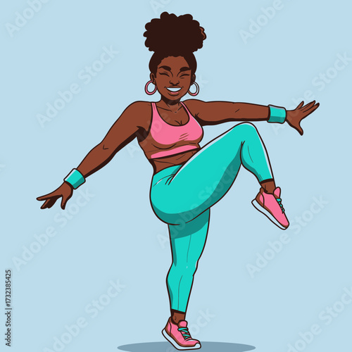 Happy dark-skinned woman dancing in pink top and teal leggings, striking a fun pose with joyful expression; concept for fitness classes, health promotion and energetic lifestyle advertising
