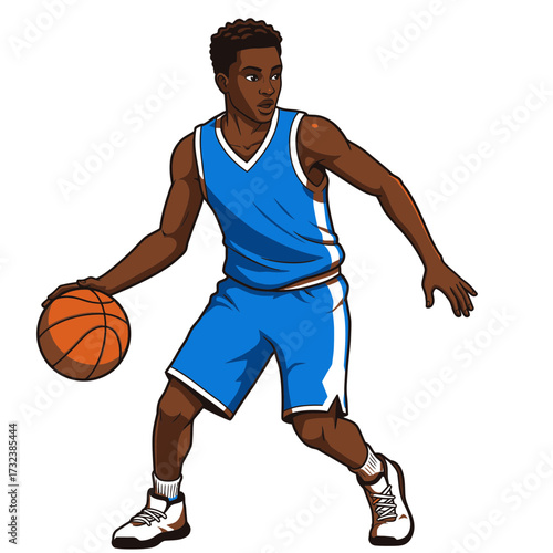 Afro-American basketball player dribbling the ball, focused and ready to make a play with determination. Concept for sports advertising, athletic training visuals and game presentation