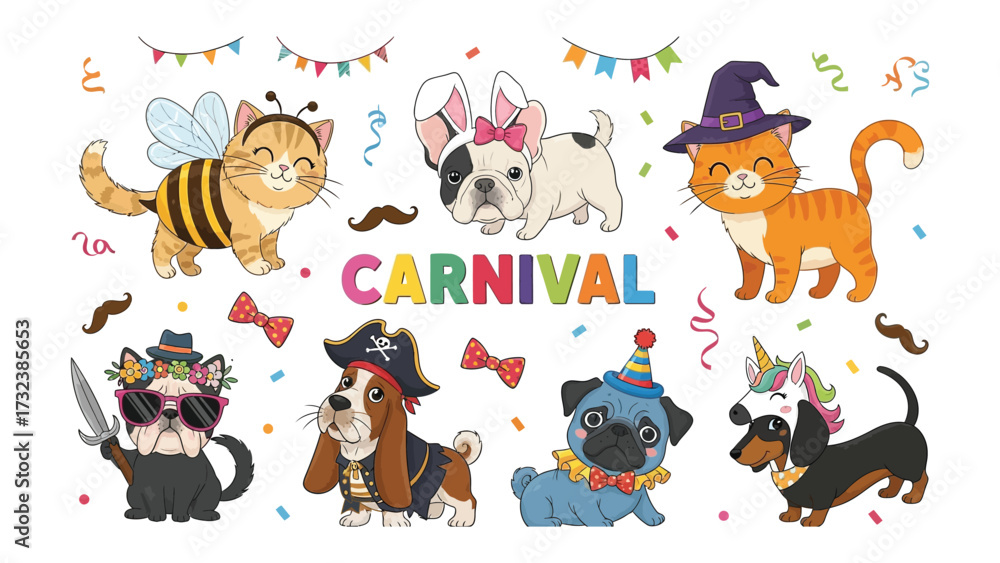 Fototapeta premium Carnival of Cuteness: An enchanting collection of playful animals, each dressed in a whimsical costume, bringing the festive spirit of carnival to life.