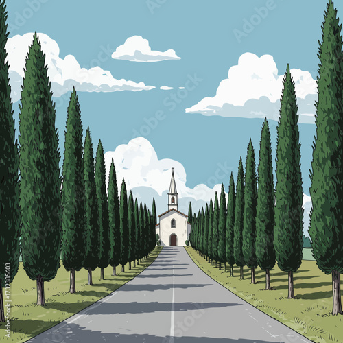 Scenic countryside vista featuring a road leading to a church framed by cypress trees under a cloudy sky, concept for travel brochure, religious retreat backdrop and pastoral scene illustration