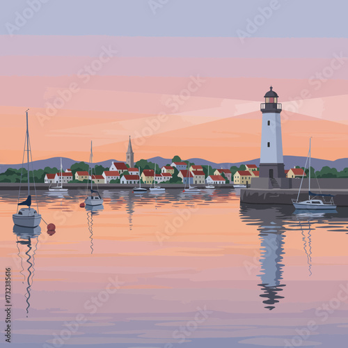 Scenic coastal town vista with lighthouse, sailboats, and distant mountains under soft pink sky, concept for travel brochure, seaside vacation advertisement and coastal real estate marketing