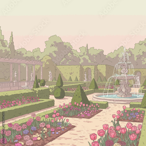 Elegant garden scene with trimmed hedges, a fountain, and colorful flowers in a symmetrical arrangement, concept for landscape design, historical park illustration and serene outdoor scene creation
