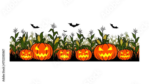 Halloween Pumpkin Field: An enchanting Halloween scene filled with intricately carved pumpkins, glowing with an eerie light, set against a backdrop of corn stalks and fluttering bats.