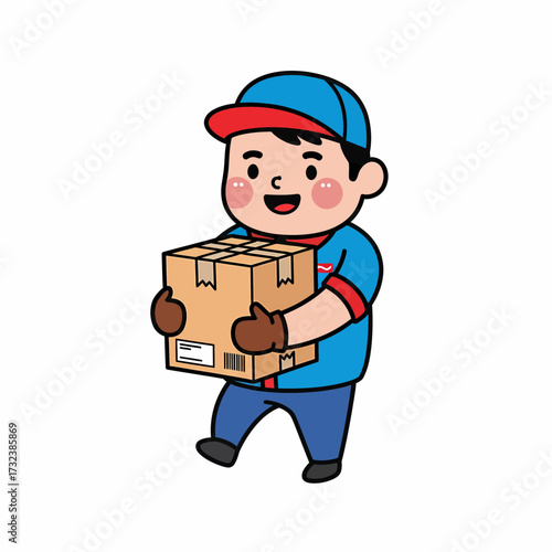 Cartoon Delivery Boy with Blue Cap Carrying a Cardboard Box with Barcode.