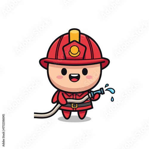 Cartoon Firefighter with Red Helmet and Hose Spouting Water Droplets.